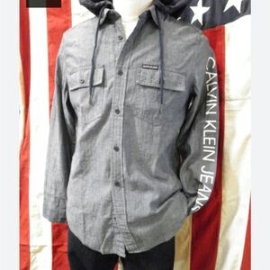 Calvin Klein Jeans Navy Hooded Button-Front Shirt denim Xs(may be men’s) NWOT